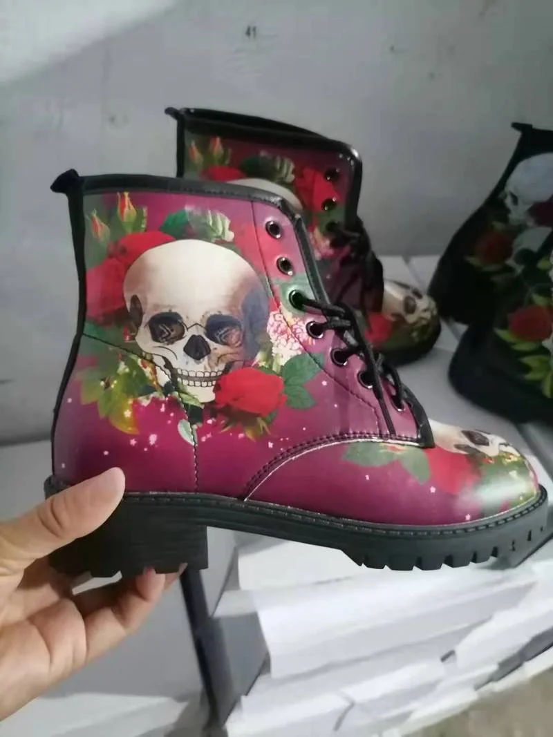 2022 Women Ankle Boots Low Heels Shoes Woman Vintage Pu Leather Autumn Warm Winter high Snow Boots Motorcycle Skull Pansy