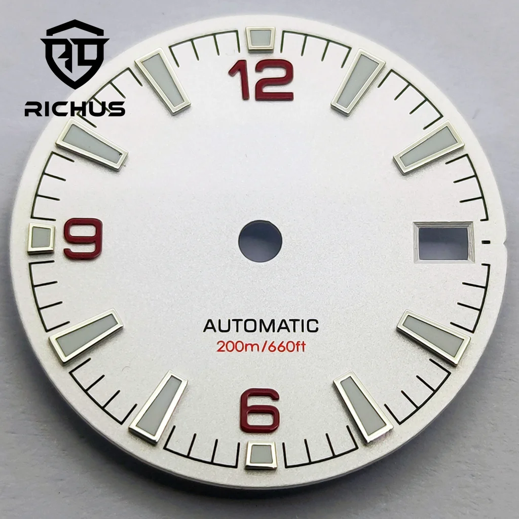 Фото Циферблат часов RICHUS 28,5 мм с зелеными светящимися стрелками, подходит для механизмов NH34, NH35, NH36, аксессуары для часов №3