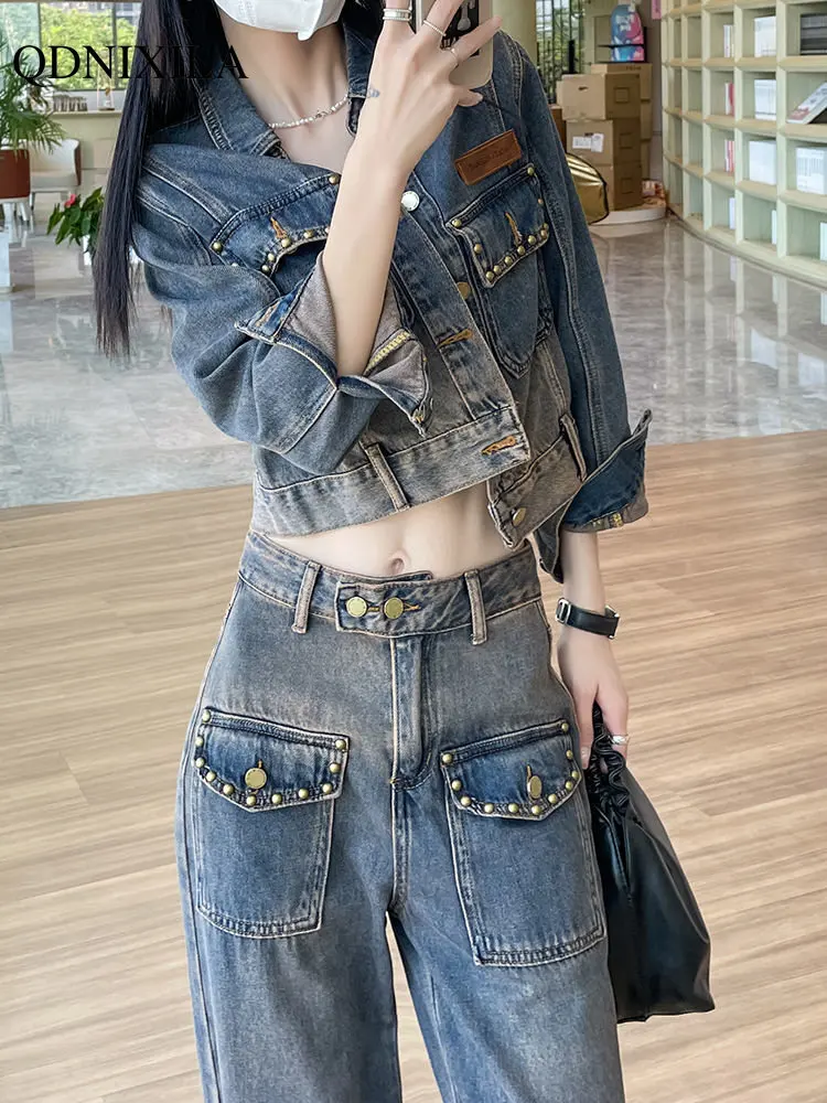 

2023 Women's Suit Long Sleeve Korean Short Denim Top Fashion Trouser New Matching Sets Plus Size Outfit Two Piece Set for Women