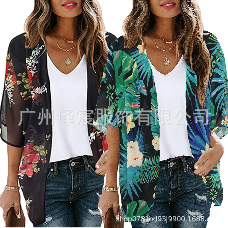 

Women Loose Shawl Kimono Cardigan Vintage Floral Boho Chiffon Tops Half Sleeve Cover Up 2022 New Fashion