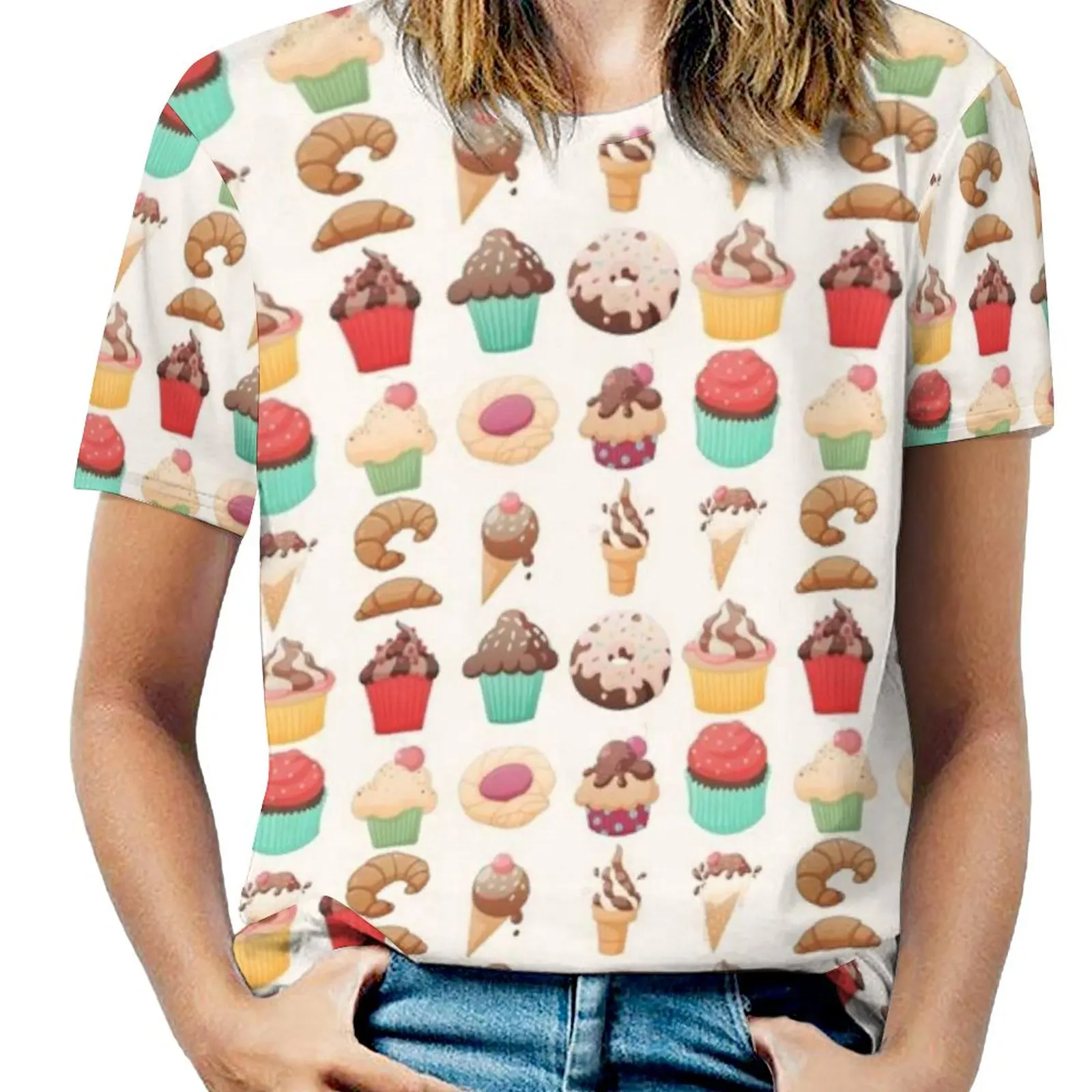 

Футболка женская с круглым вырезом, повседневный топ с коротким рукавом, с десертами, десертами, датскими круассанами, кексами, тортами, лет...