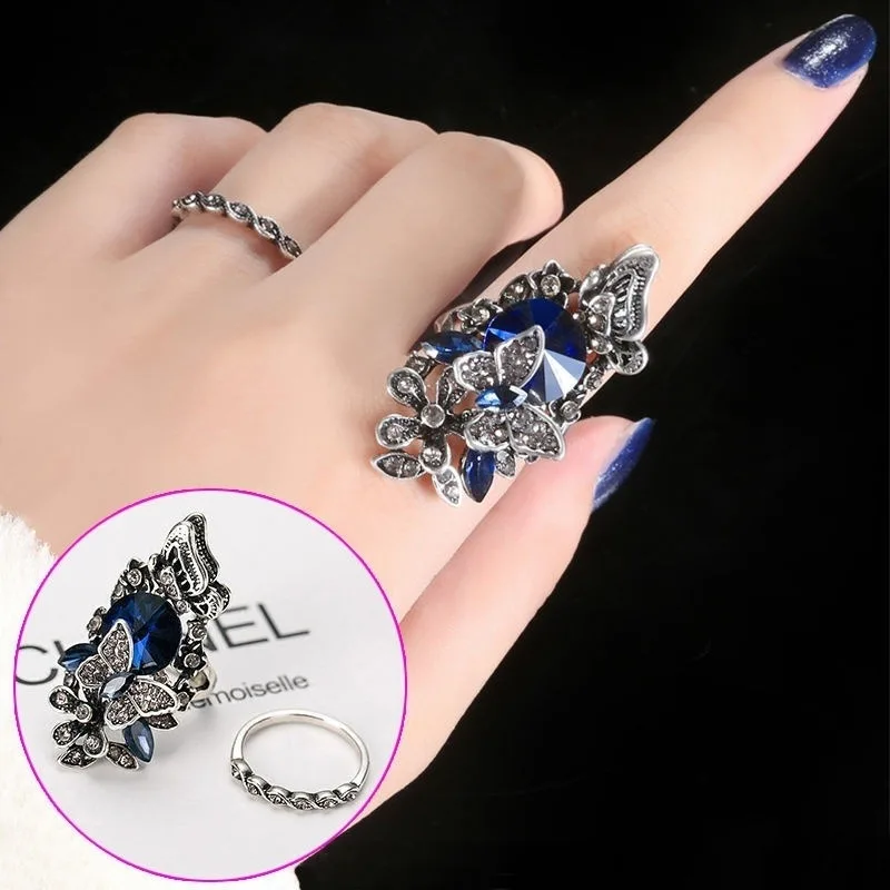 

Gothic 2Pcs/Set Butterfly Ring Sets Fashion Creative Bohemia Women's Banquet Hand Big Ring Luxury Ladies Jewelry