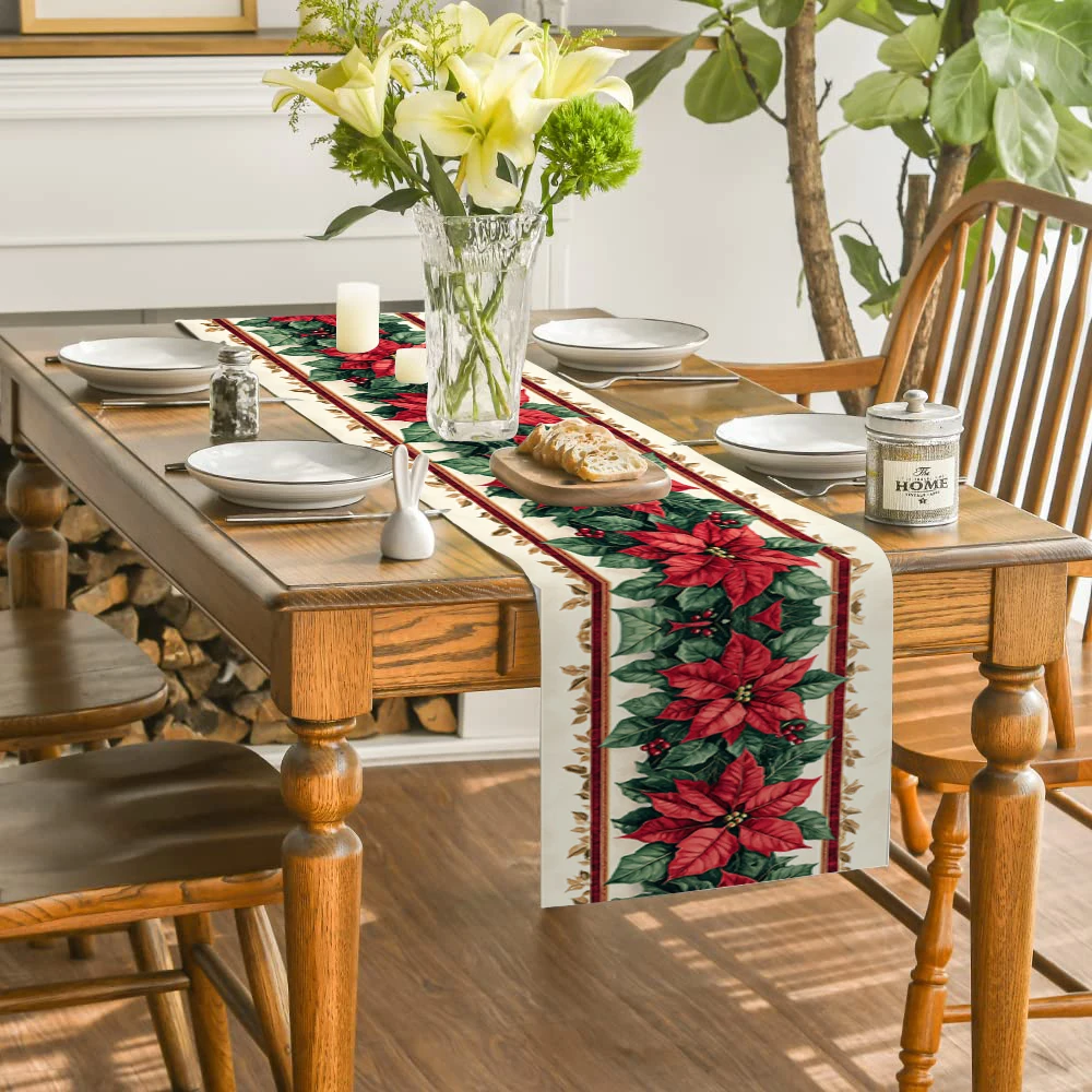 Фото Рождественские дорожки для стола с лентой Poinsettia Holly, декор для комода для кухни, праздничная вечеринка, дорожка для стола, моющаяся обеденная длинная ткань №4