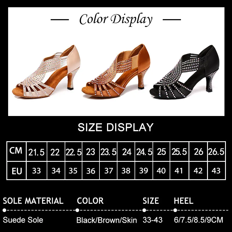 SWDZM Women Ballroom Dance Shoes Latin Woman Silk Tango Dance Shoes High heels rhinestones Party Latin Dancing Ladies soft sole
