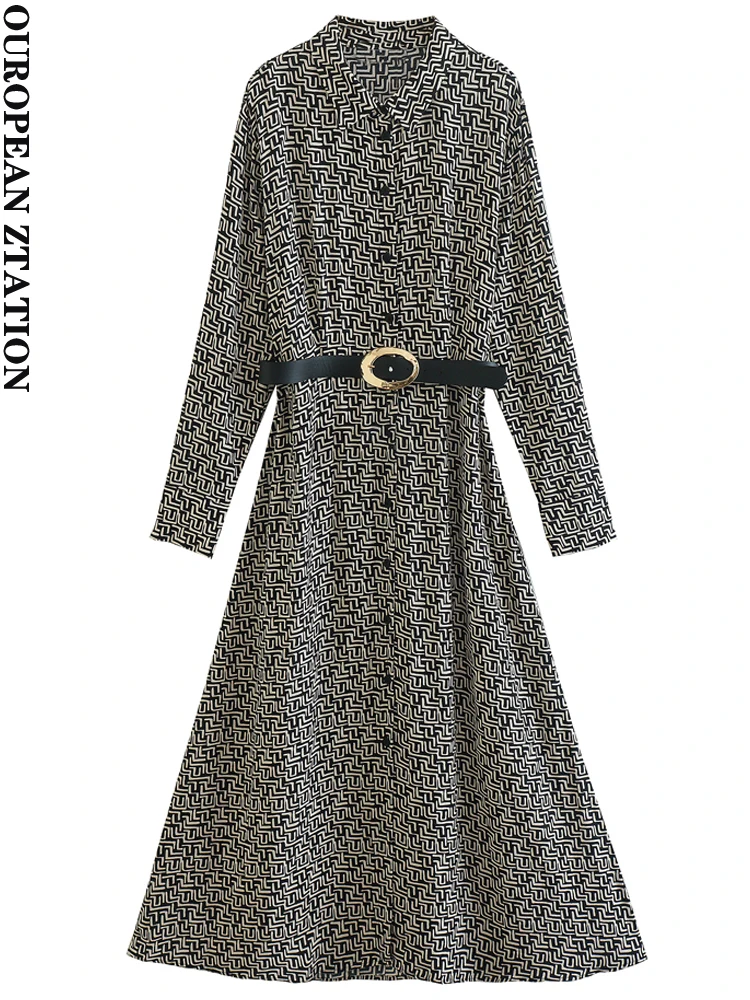 

PAILETE Women 2022 fashion with belt striped midi shirt dress vintage long sleeve button-up female dresses vestidos mujer