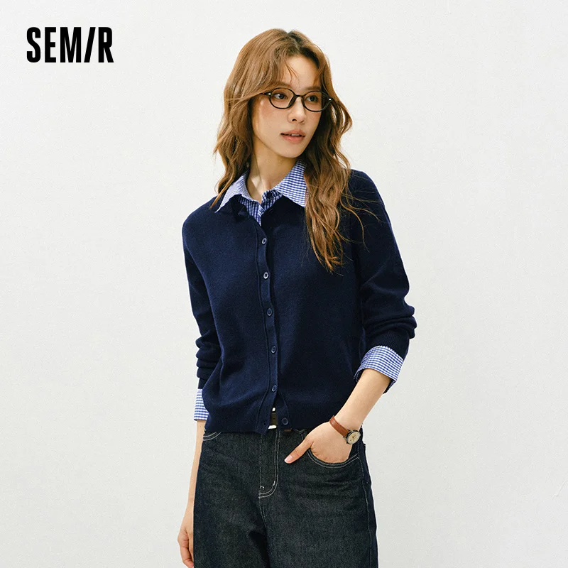 Фото Вязаный кардиган Semir, короткий весенний съемный клетчатый воротник, универсальный офисный многослойный топ, женский 2025 №3