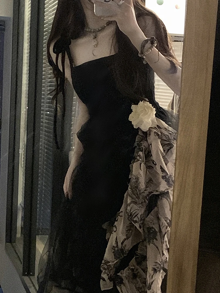 

Vintage Sexy Strap Evening Maxi Dresses for Women Flower Elegant Print Casual France Y2k bodycon Midi Dress Summer 2023 Black