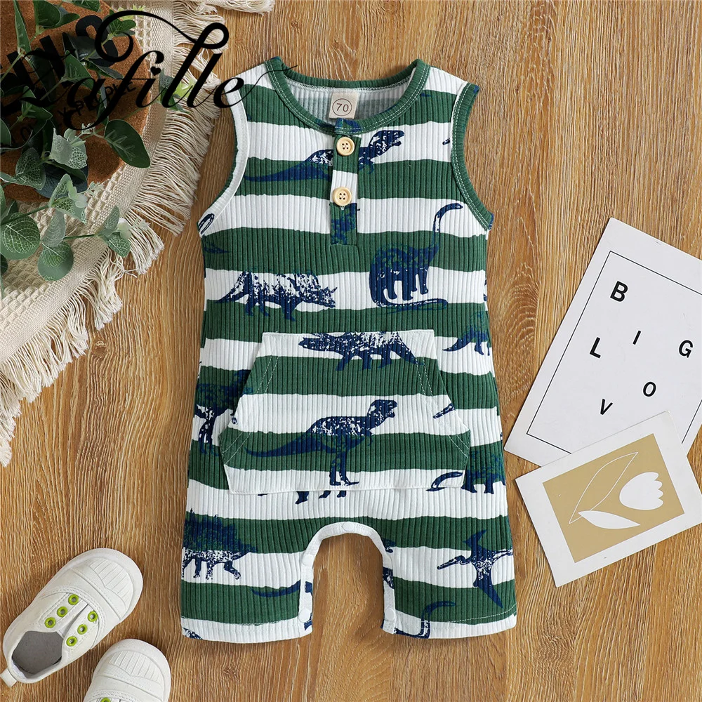 

ZAFILLE Baby Boys Sleeveless Clothes Dinosaur Striped Newborn Jumpsuit For Kids Summer Toddler Boys Romper Cute Infant Sleepwear