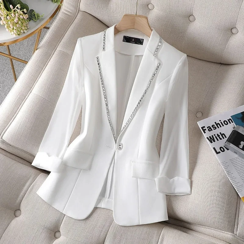 Diamond-Encrusted Blazer 2023 Spring And Summer New Three-Quarter Sleeve White Jacket Design sense Niche Fashion Cardigan Lad