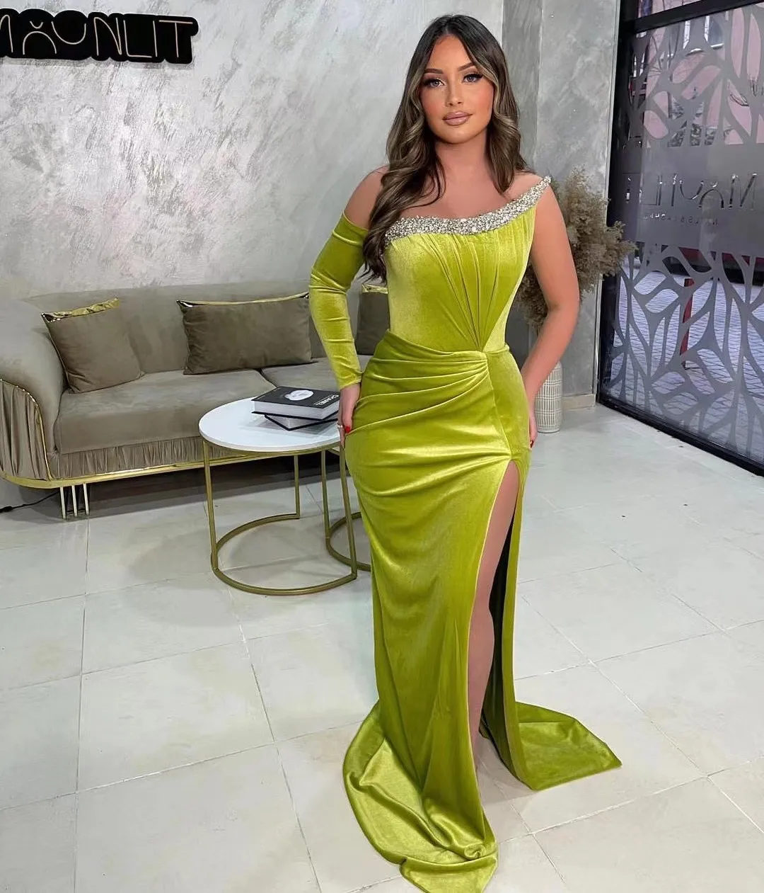 

Fashionvane Saudi Arabia Long Sleeve Beaded Strapless Prom Dresses Mermaid Ruched Side Slit Sexy Evening Formal Banquet Gowns