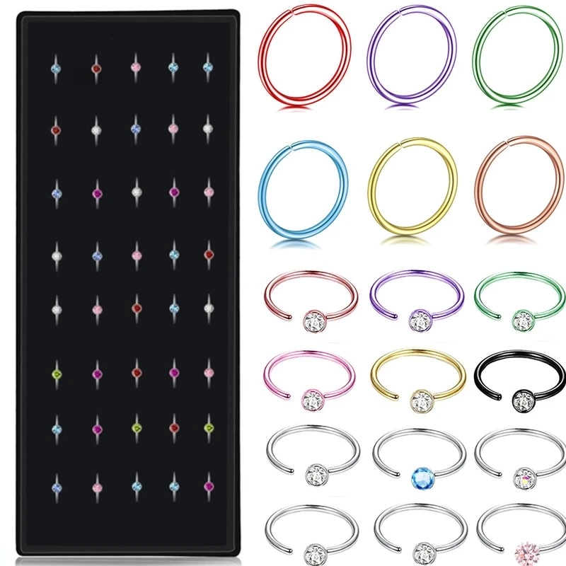 

40PCS Stainelss Steel Crystal Hoop Nose Ring Set 20G Cartilage Earrings Hoop Set Hoop Nose Piercing Lot Fake Helix Hoop Lip Ring