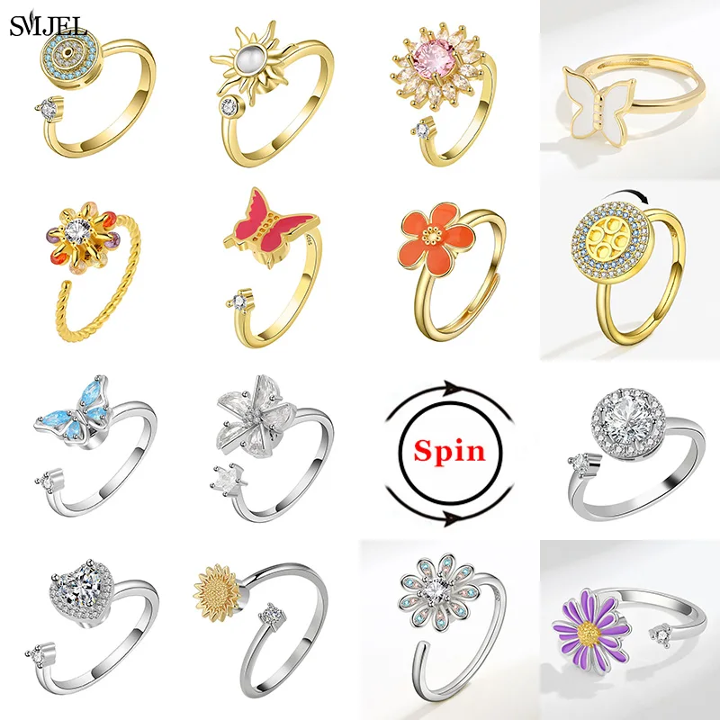 New Luxury Anxiety Ring Fidget Spinner Rings Women Korea Crystal Daisy Butterfly Flowers Ring Spinning Anti Stress Jewelry Gift