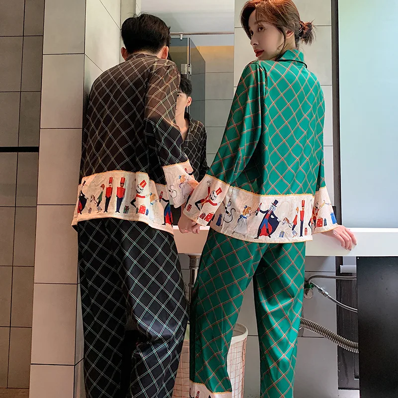 Unisex Women Couple Pajamas Autumn Long Sleeve Trousers 2 Pieces Ice Silk Female Cartoon Pajamas Set Print Men Home Service Suit