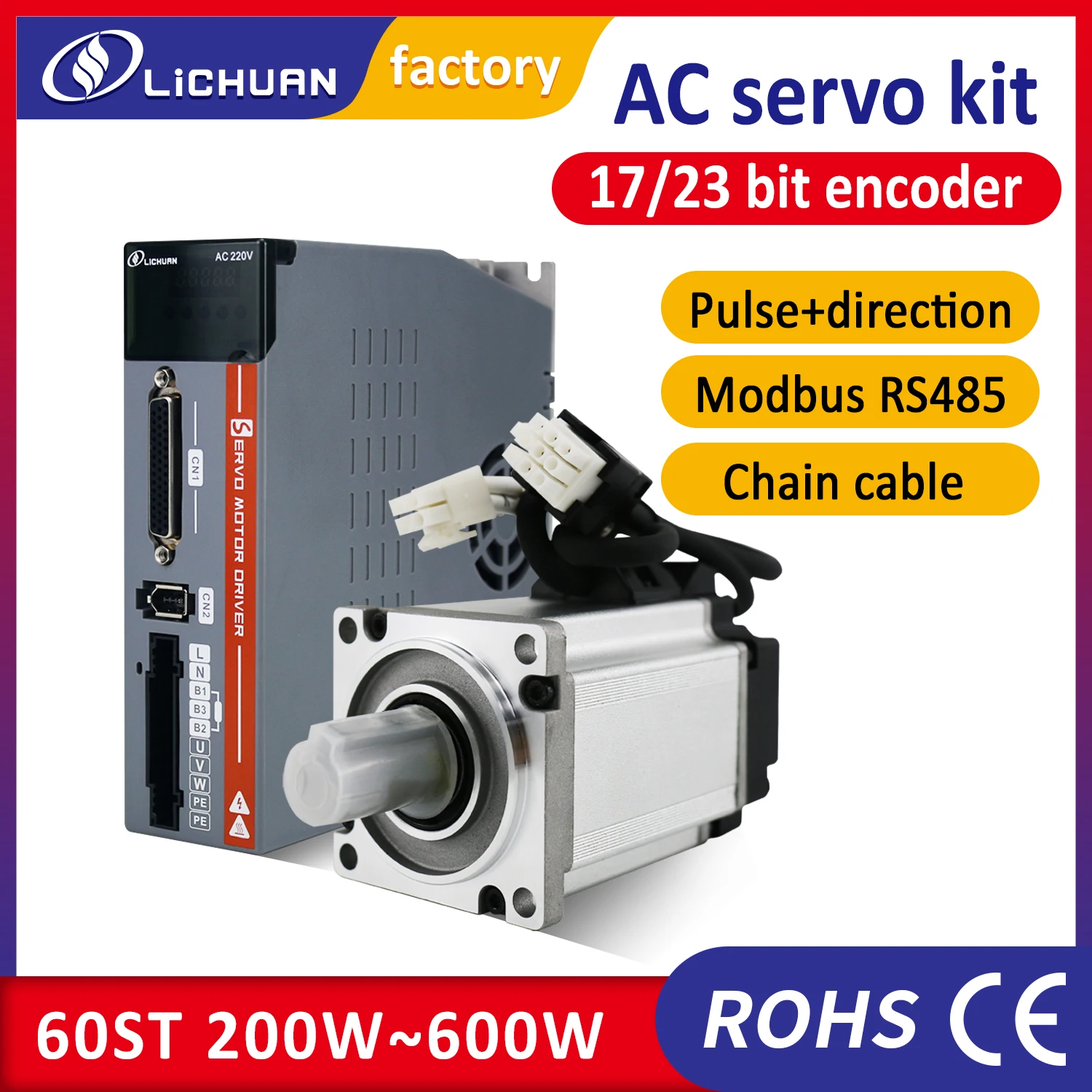 Фото Lichuan A5 200 Вт 400 Вт 600 Вт серводвигатель переменного тока с приводом 60st 3000rpm 17 бит 23 бит инкрементальный двигатель абсолютного энкодера для станка с ЧПУ №1