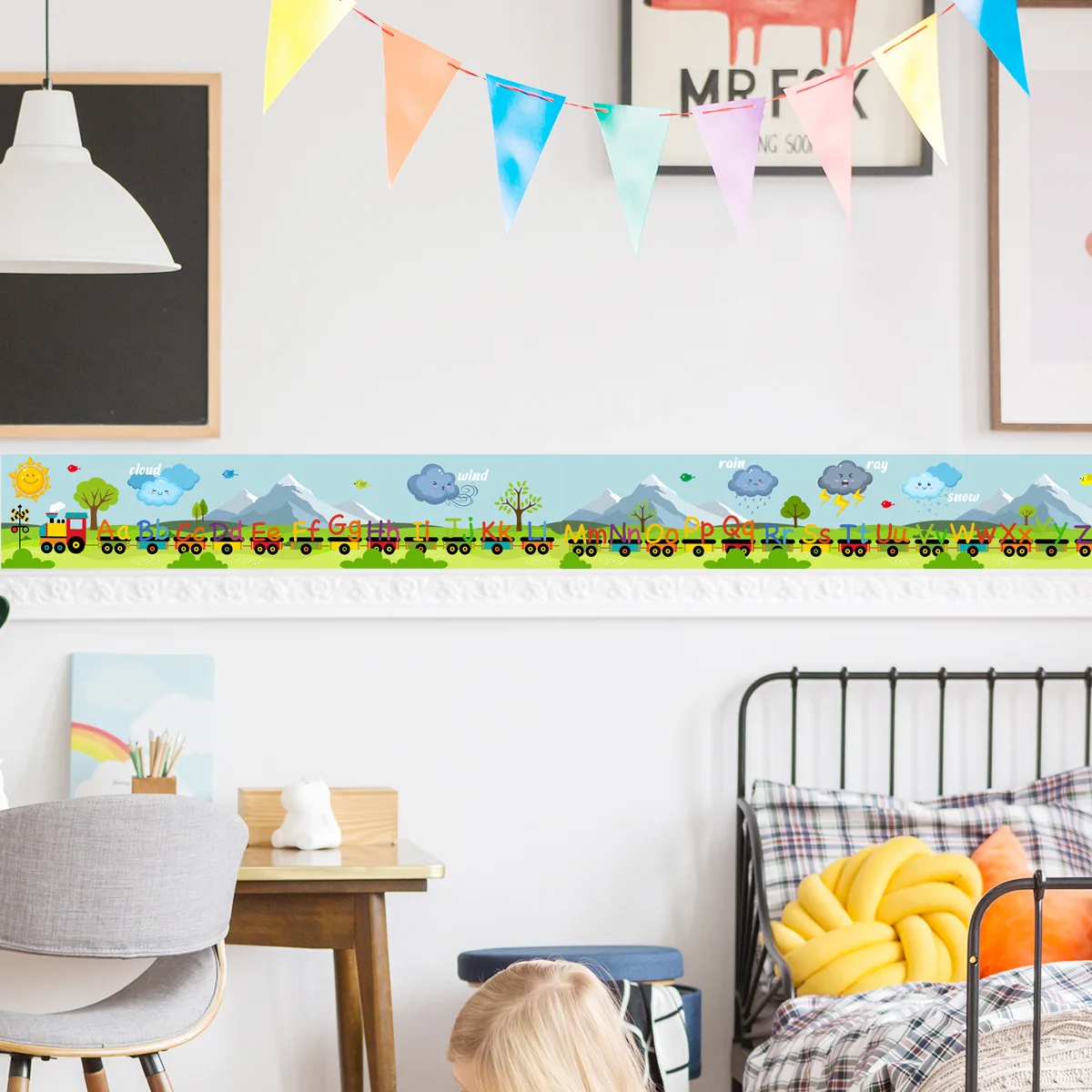 Наклейки с мультяшными линиями поезд завод дизайн английские буквы плинтус