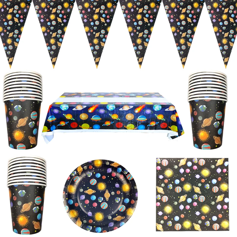 

51pcs/lot Space Planet Theme Tableware Set Birthday Party Napkins Plates Cups Decorate Flags Boys Favors Baby Shower Tablecloth