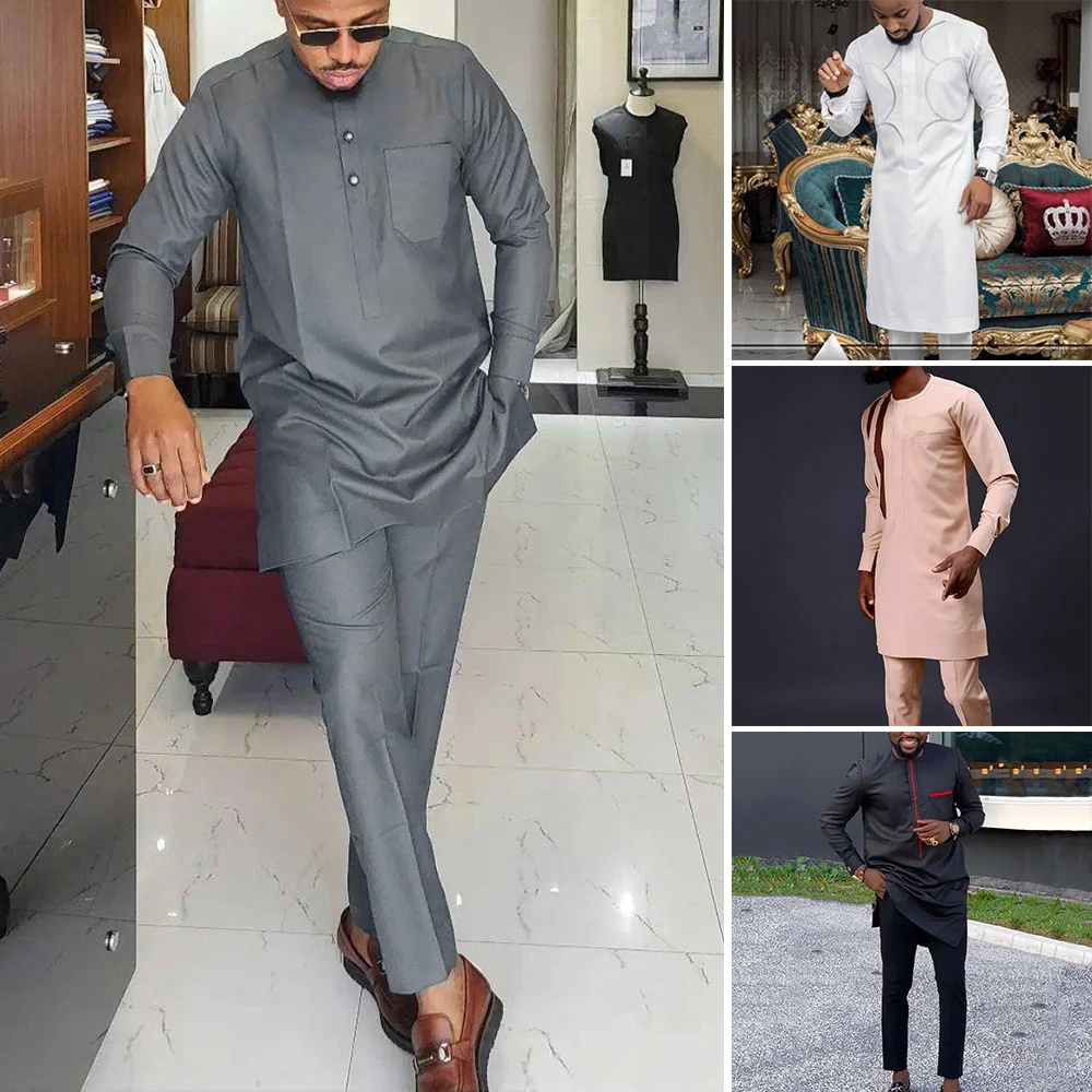 

Dashiki Mens 2 Pieces Long Slve Outfit African Men Clothes Set Solid Color Casual Riche Top Pant Full Set Suits Men Clothing