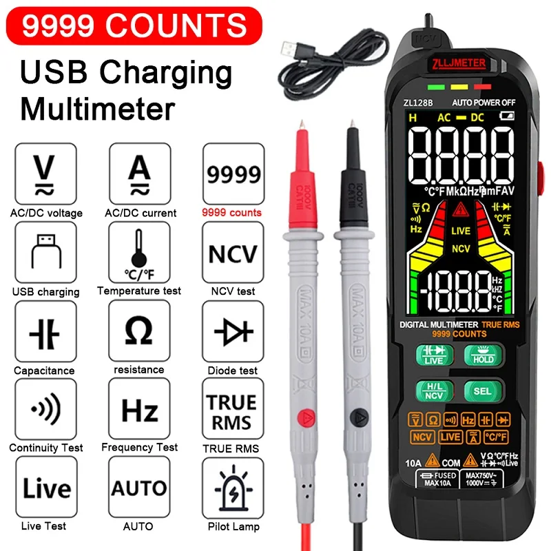 

Multimetre Profesional Digital Multimeter Digital 9999 Counts LCD Multimetro TRMS DC AC Current Voltage Capacitance Diode Tester