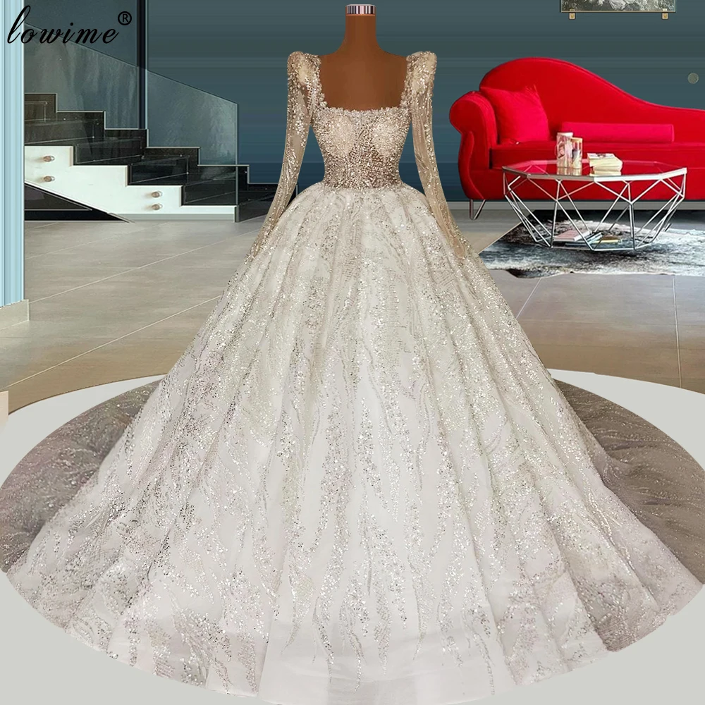 

Luxury Glitter Wedding Dresses A-Line Long Sleeves Strapless Brides Dresses Chapel Wedding Gowns For Women Vestidos De Novia