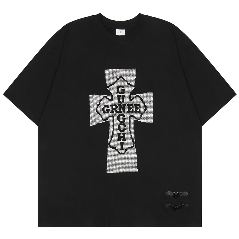 

2022 Oversized T Shirts Men Hip Hop Streetwear Cross Diamond Vintage T Shirts Summer Harajuku Fahsion Short Sleeve Tops Tees