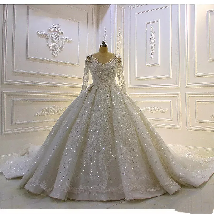 

Princess Ball Gown Wedding Dress Long Sleeves V Neck Appliques Sequins Bridal Gowns Plus Size Floor Length Vestido De Novia