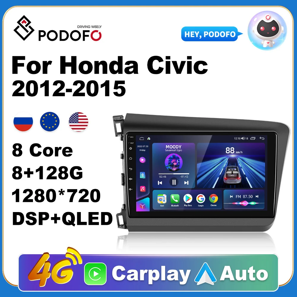 

Podofo Car Stereo Radio Android 10 9" 4G WiFi 8G+128G 8 Cores DSP for Honda Civic 2012-2015 GPS Ai Voice Carplay 2 Din Autoradio