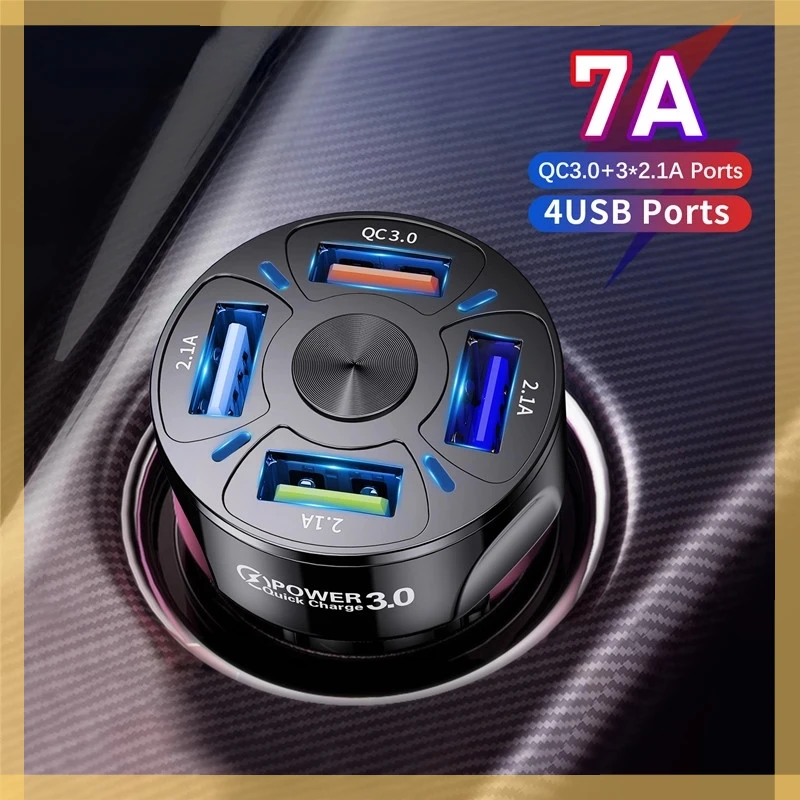 

4 Ports USB Car Charge 48W Quick 7A Mini Fast Charging For iPhone 11 Mobile Phone Charger Adapter in Car