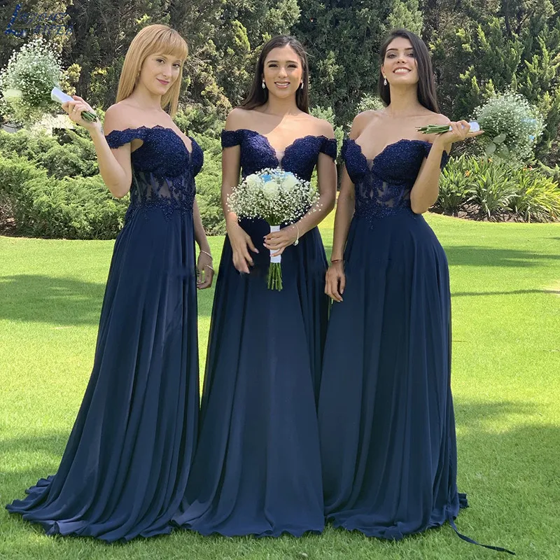 

Шифоновые темно-синие платья для подружек невесты с открытыми плечами аппликации из бисера Длинные свадебные платья для женщин