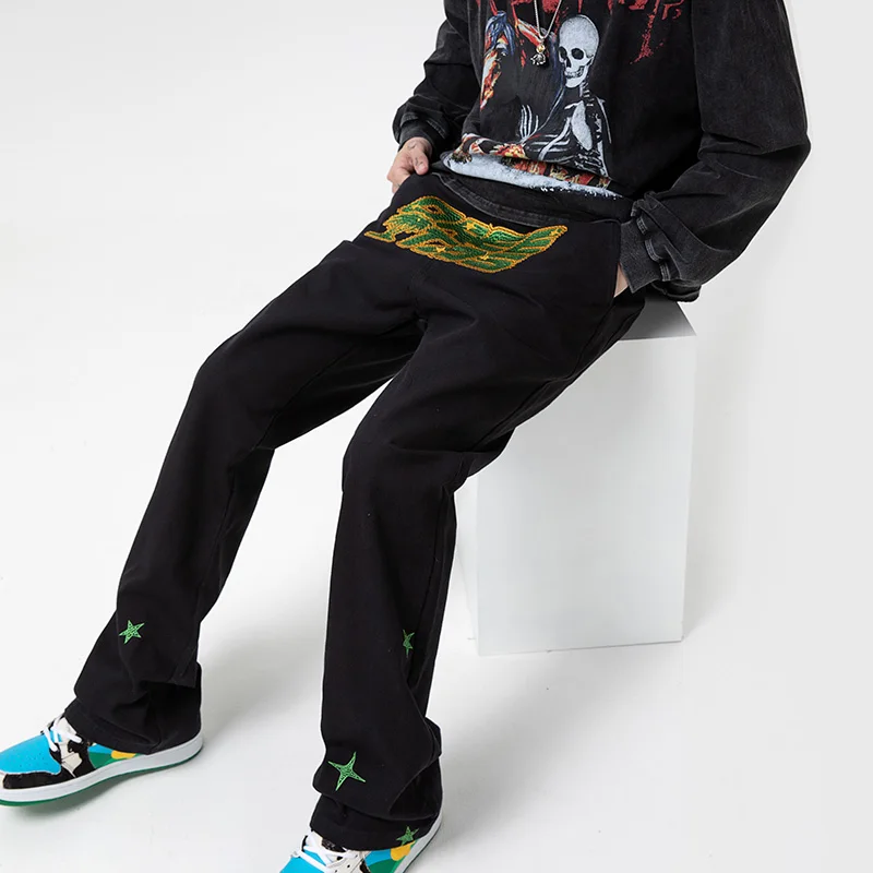 Men's Embroidered Y2K Clothes Jeans  Flares Flared Pattern Straight Leg Wide Leg Pants Pants Men Streetwear High Quality Skinny