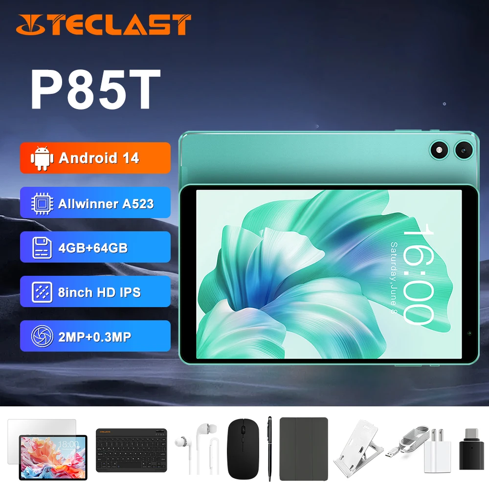 Tablette P85T - Écran 8 pouces - Stockage 64 Go - Appareil photo 2 MP - Batterie 5000 mAh - Vert