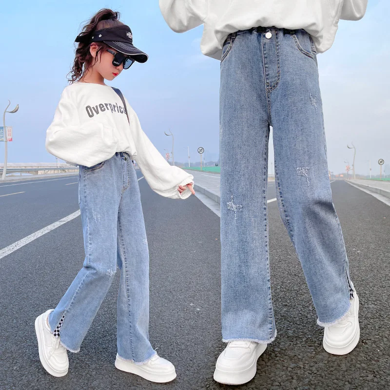 

Girl Jeans Spring 2022 New Korean Version Children's Plaid Decoration Wide-leg Pants Loose Kids Trousers Teenage Girls Clothing