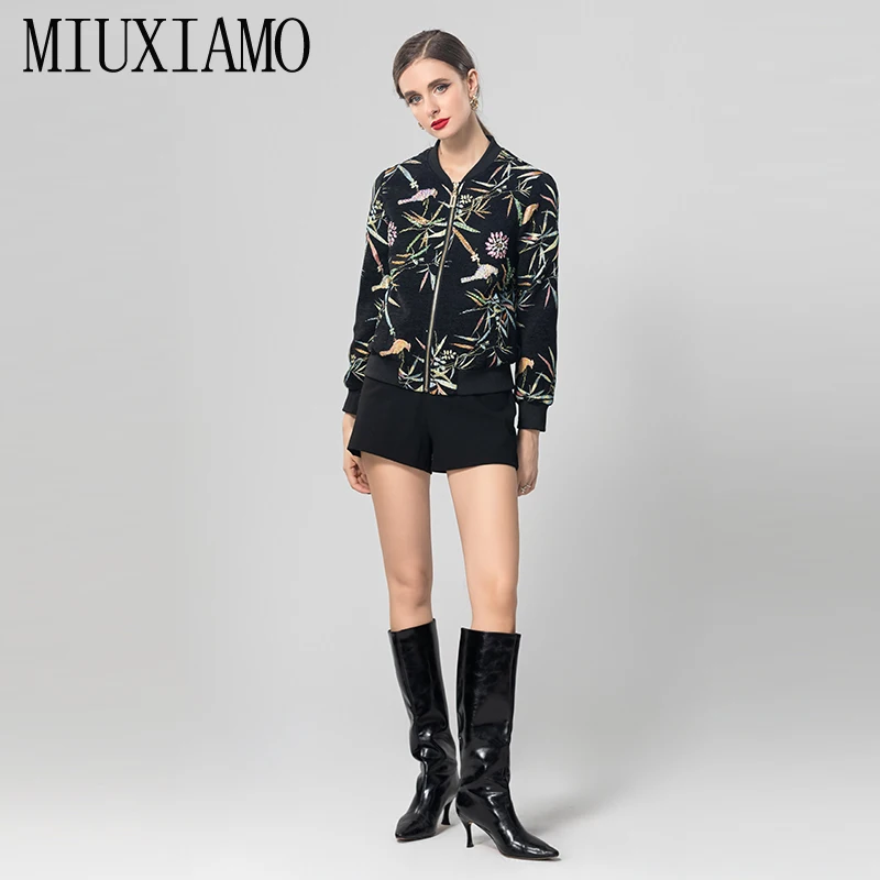 Фото MIUXIMAO 2025 офисная женская осенняя куртка с длинным рукавом и бриллиантами, цветочным листом и птицей, жаккардовые королевские куртки, женские платья №5