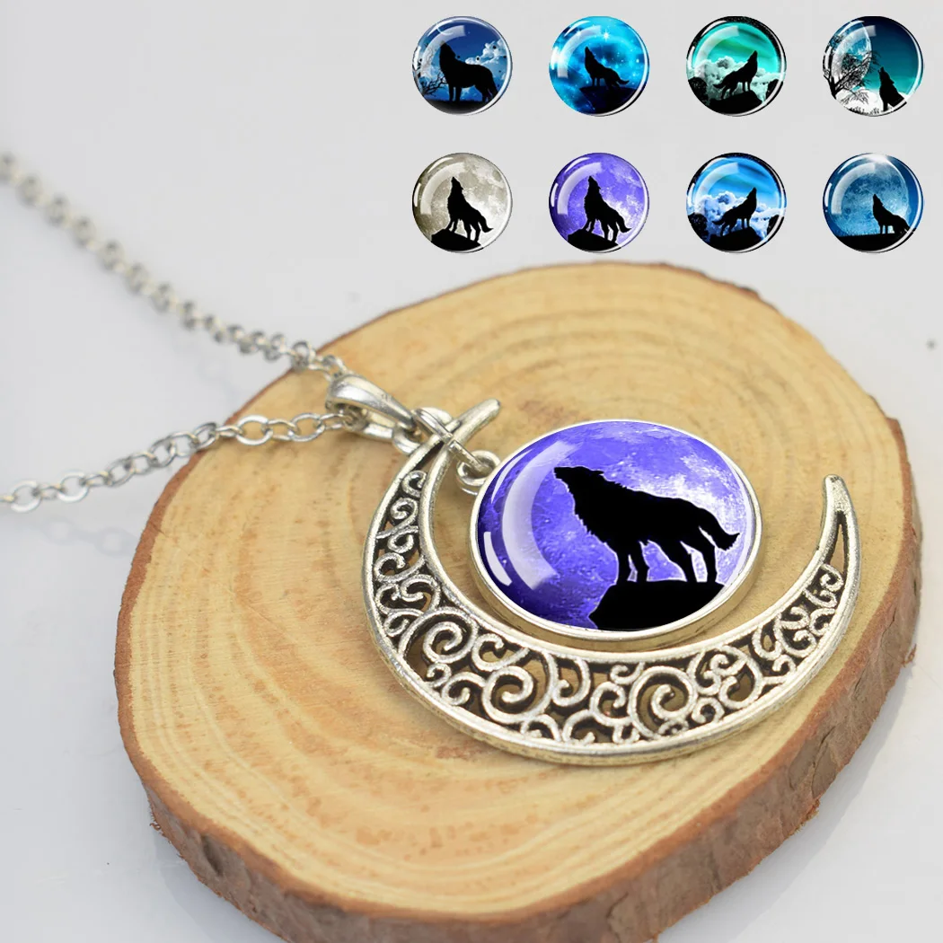 

Fashion Hollow Crescent Pendant Necklace Crescent Moon Wolf Howling Art Silhouette Glass Cabochon Pendant Necklace for Women