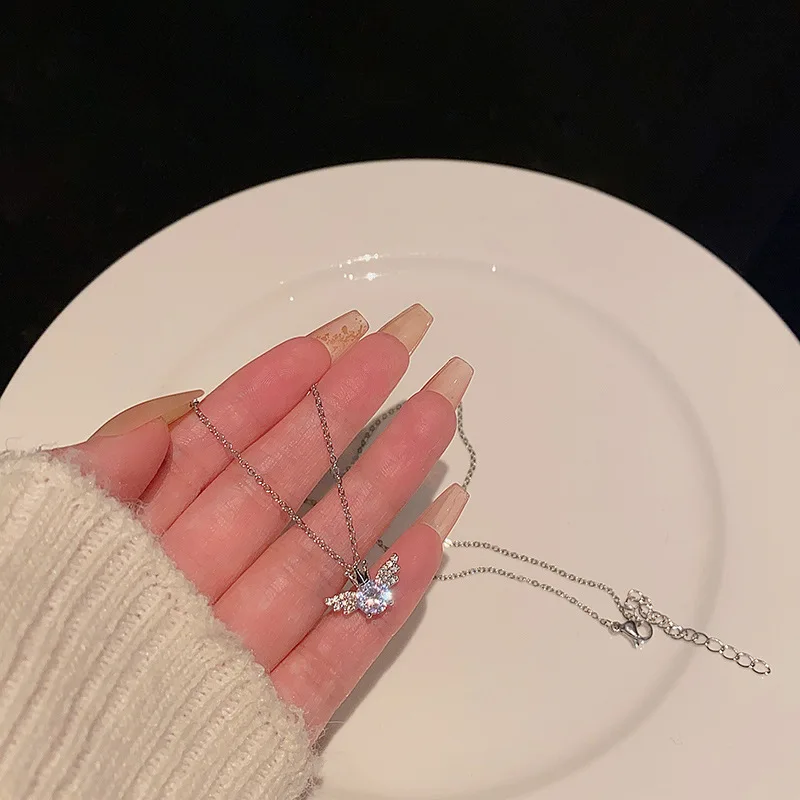 Angel Wings Crown Pendant Necklace Korean Fashion All Matching Temperament Jewelry the Same Model of Internet Red Vintage Cute