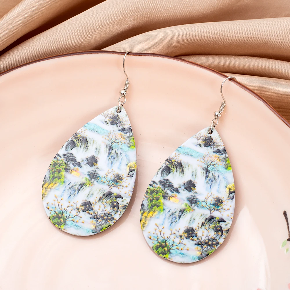 Новая мода водопад пейзаж Relievo печать акриловые висячие серьги модные для женщин