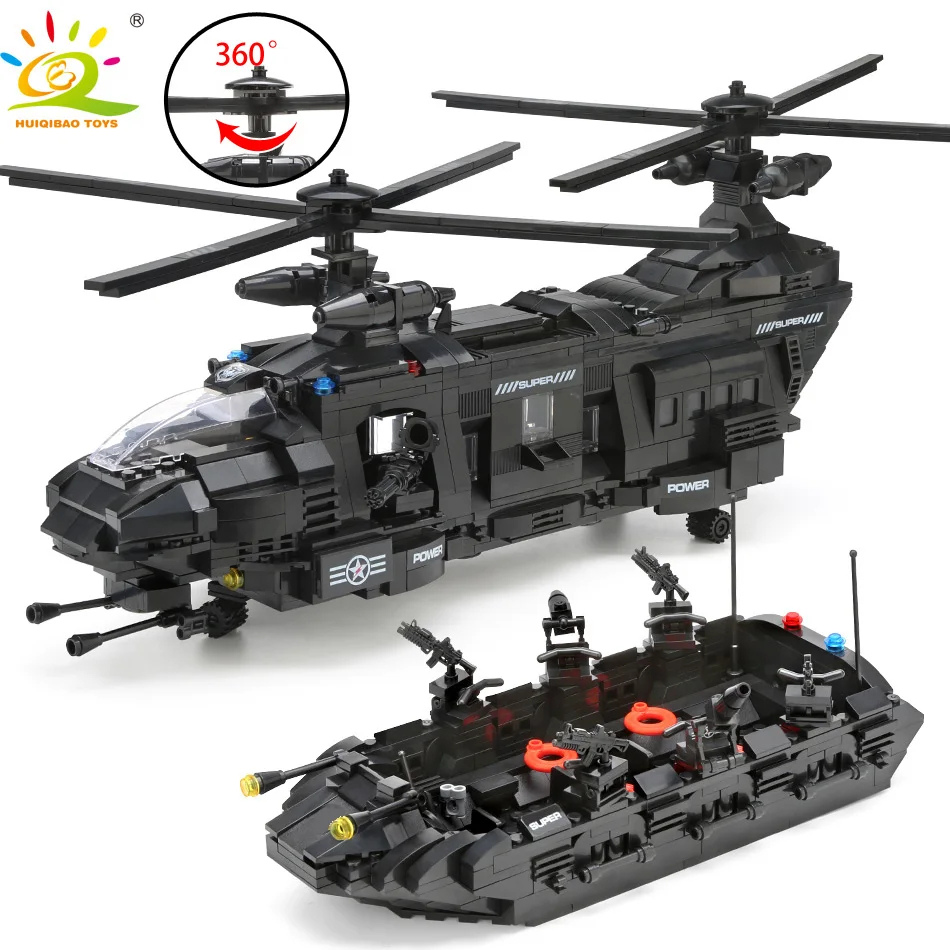 

HUIQIBAO 1351pcs City Swat Military Helicopter Boat Building Blocks Police Combat Figures Construction Bricks Toys For Children