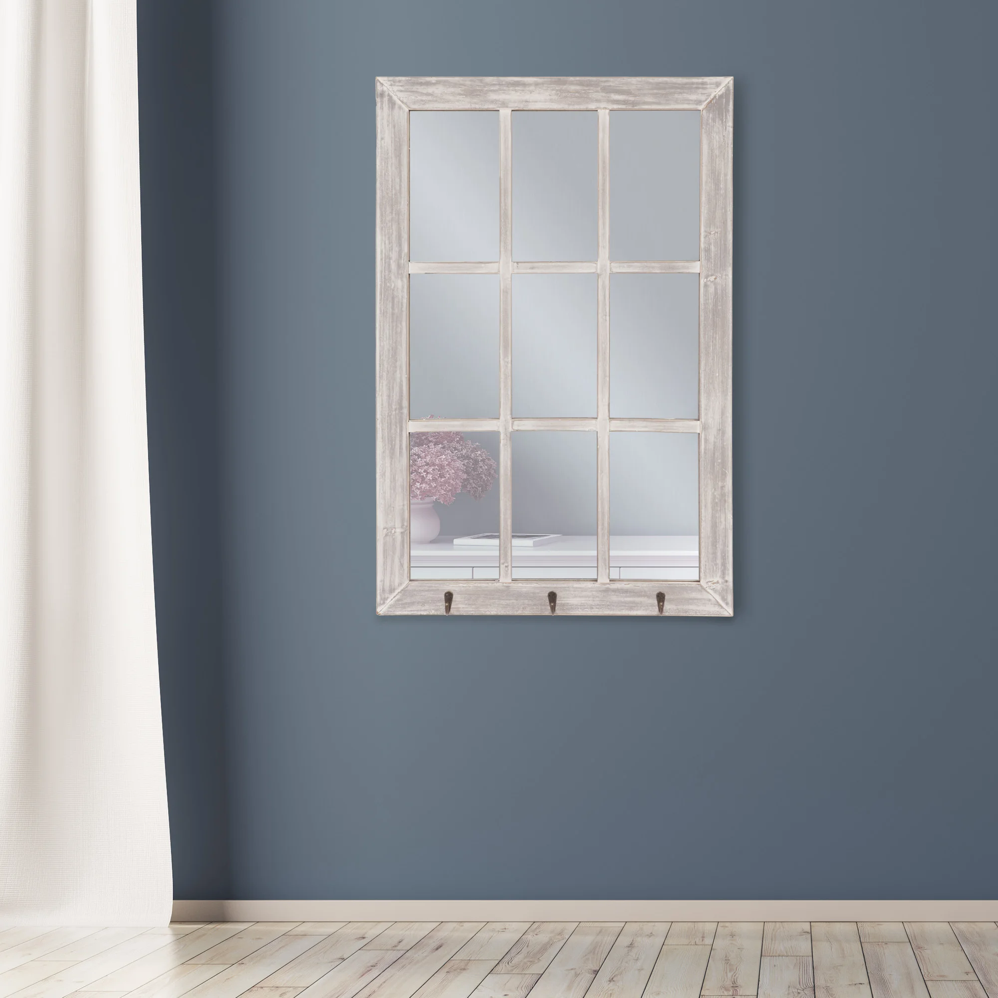 

Windowpane Mirror with Hooks, Distress White, 24x36"