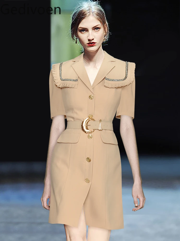 

Gedivoen Fashion Designer dess Summer Women Dress Notched Short sleeve Single-breasted Sashes Office Lady Short solid Dress