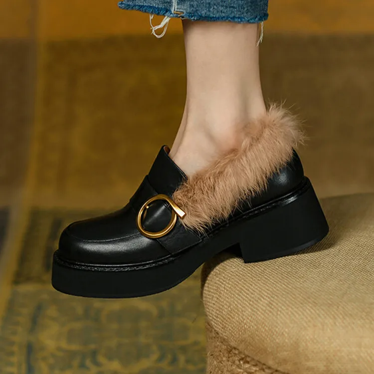 

Black Real Leather Women Platform Flats Shallow Round Toe Brogue Espadrilles Shoes Apricot Rabbit Fur Winter Moccasins Femmes