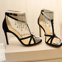 2022 new women shoes crystal embellishment fringed edge sandals cover heel open toe round toe side buckle fastening high heels