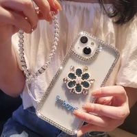pearl rhinestone flower crystal wrist chain case for iphone 13 12 pro max phone case for iphone 13 11 cover luxury with diamond