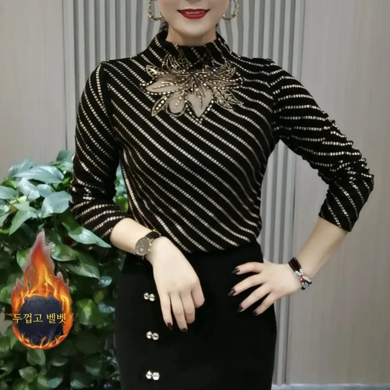 Spring Autumn and Winter New Hot Drilling Warm Fleece-lined Bottoming Shirt Women Western Sle All-Matching Half-high Colla...