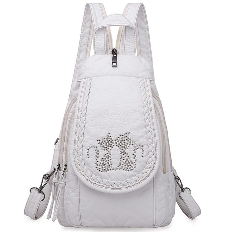 Embroidery Mini Backpacks Women's Backpack Cute Flower Pattern Wash PU Leather Ladies Backpack White Shoulder Bags for Girls SAC