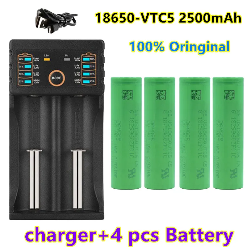 

100% original 3.7V Volt Rechargeable US18650 VTC5 2500mAh VTC5 18650 Battery Replacement 3.7V 2500mAh 18650 Batteries + charger