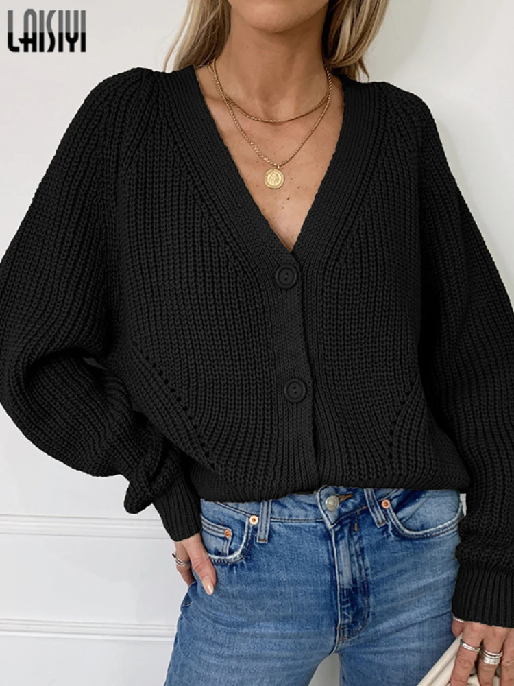 

LAISIYI Women's Sweater V Neck Long Sleeve Top Black Autumn Winter New Solid Color Button Thick Knitted Cardigan Y2k Clothes