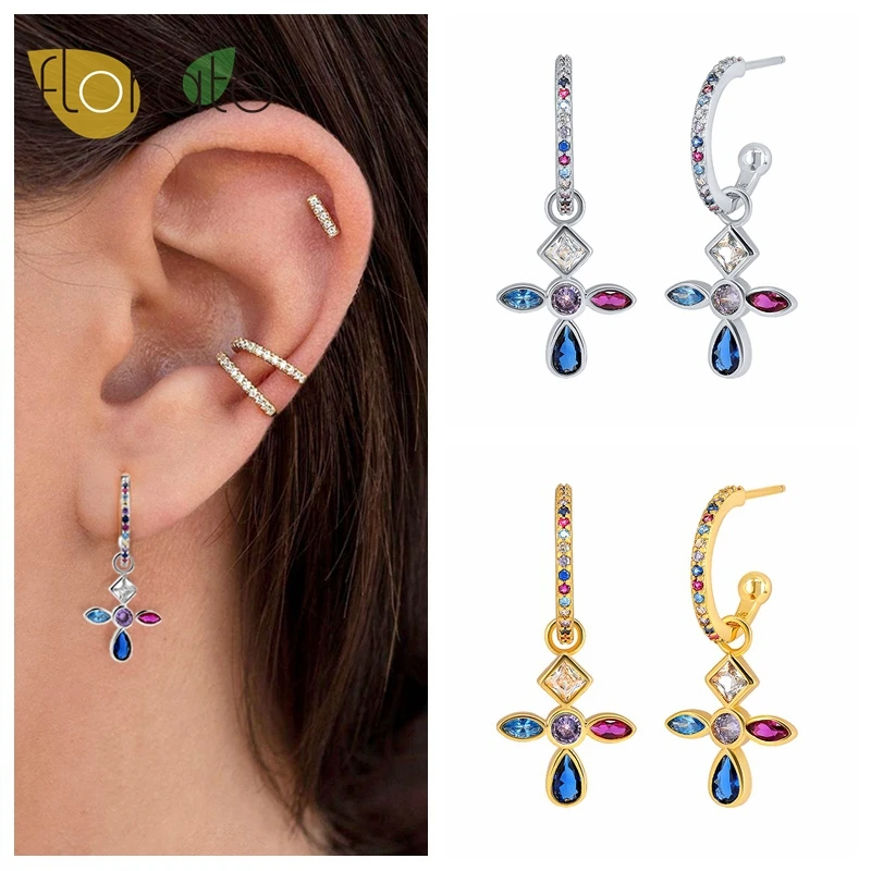 Женские серьги-кольца из серебра 925 пробы с разноцветными кристаллами