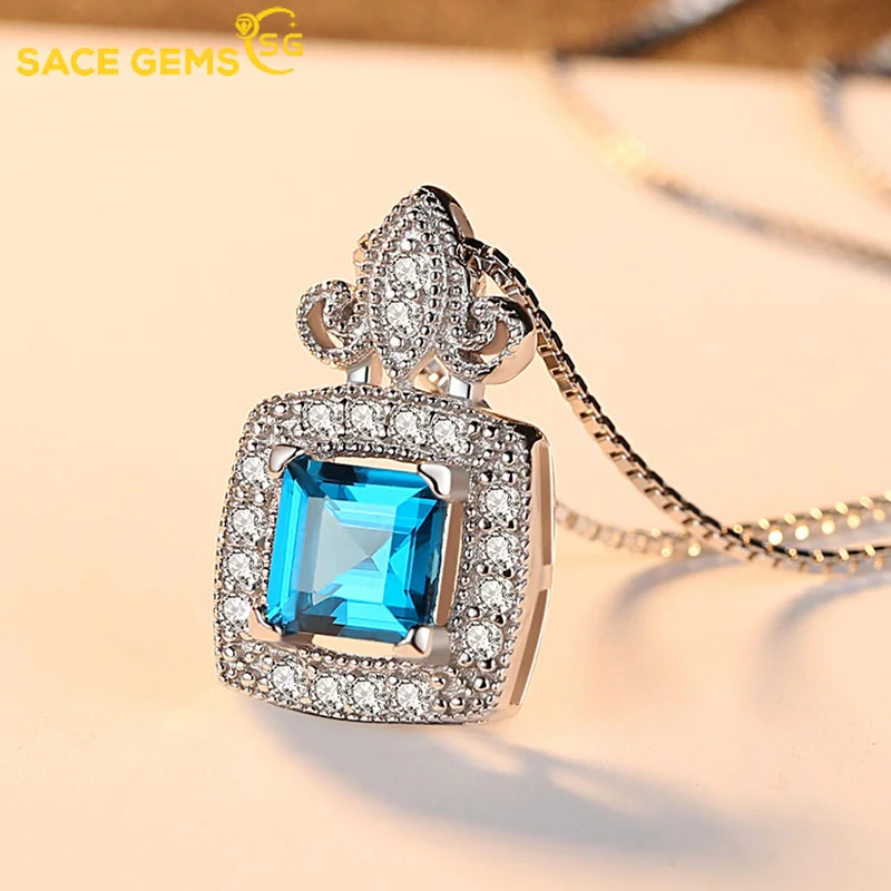 

SACE GEMS Luxury 100%925Sterling Silver Necklace with Grey London Sapphire Pendant for Women Sparkling Wedding Fine Jewelry Gift