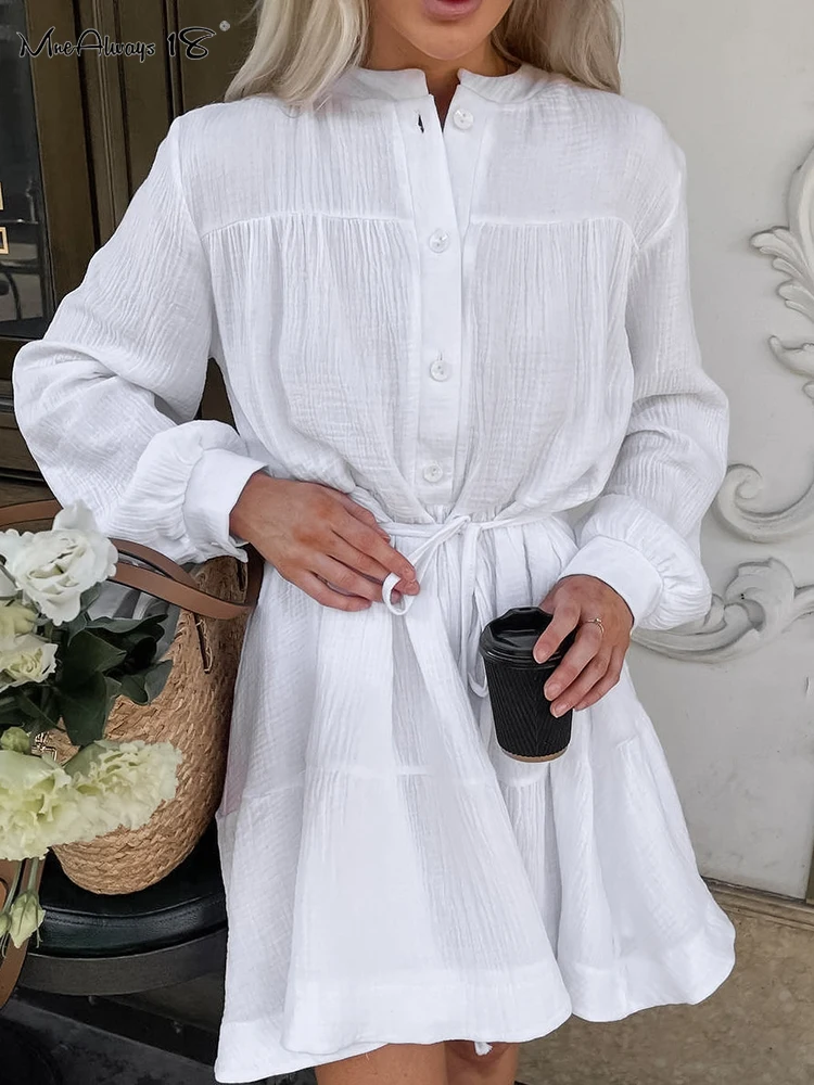 

Mnealways18 Crape Cotton White Dress Women Elegant Stand Collar Lace-Up Mini Dress Office Ladies Button Soft A-Line Dress 2023