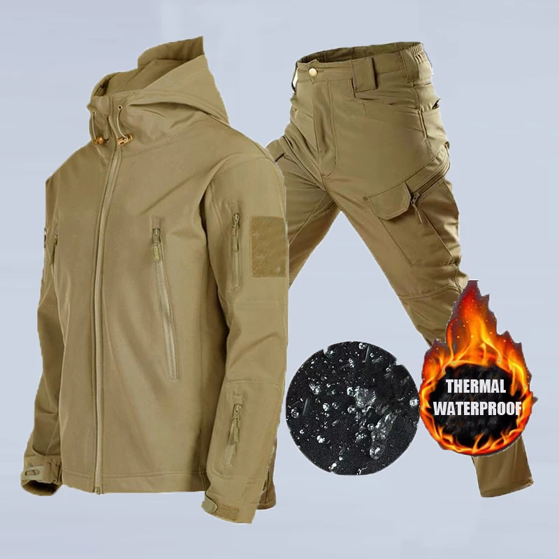 

Waterproof Fishing Clothes Men Winter Hooded Jackets Pants Suit Camping Hiking Hunting Trousers Windproof Elastic Softshell Warm