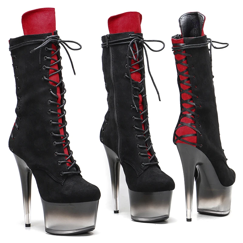 Leecabe  17CM/7inches Suede upper black with red color   fashion   Dancing Party High Heel platform Pole Dance boot